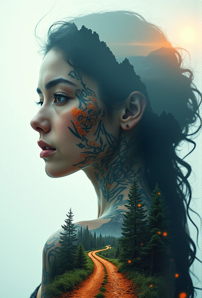 Double exposure of An awe-inspiring digital artwork featuring the face of a beautiful woman with piercing eyes, adorned in vibrant orange and black tattoos on her skin, set against a backdrop of mountains, forests, rivers, and a road that leads to a mysterious crossroads. Creating a captivating contrast between light and dark colours. This composition evokes a sense of wonder and curiosity, inviting viewers into another world with contrast and cinematic lighting. Ray tracing, SSAO, OLED clarity, global illumination, subsurface scattering, cinematic lighting, Tundra, Canon EOS 5D Mark IV camera with a Canon EF 50mm f/2.8L II USM lens tundra symmetry,Including the grand universe