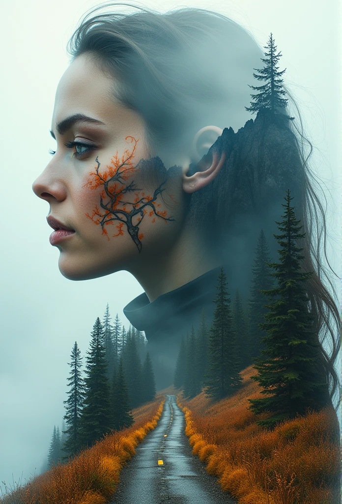 Double exposure of An awe-inspiring digital artwork featuring the face of a beautiful woman with piercing eyes, adorned in vibrant orange and black tattoos on her skin, set against a backdrop of mountains, forests, rivers, and a road that leads to a mysterious crossroads. Creating a captivating contrast between light and dark colours. This composition evokes a sense of wonder and curiosity, inviting viewers into another world with contrast and cinematic lighting. Ray tracing, SSAO, OLED clarity, global illumination, subsurface scattering, cinematic lighting, Tundra, Canon EOS 5D Mark IV camera with a Canon EF 50mm f/2.8L II USM lens tundra symmetry,