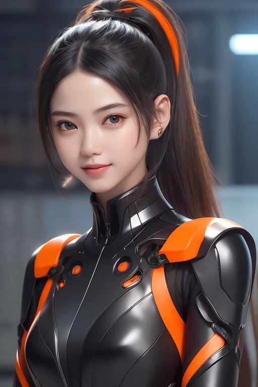 Top Quality, Masterpiece, Ultra High Resolution, (Photorealistic: 1.4), Raw Photo, 1 Girl, Black Hair, Glossy Skin, 1 Mechanical Girl, (((Ultra Realistic Details)), Portrait, Global Illumination, Shadows, Octane Rendering, 8K, Ultra Sharp, Intricate Ornaments Details, realistic skin, sweat effect, ((wearing Headphone)), very intricate detail, realistic light, CGSoation trend, brown eyes, glowing eyes, matte black and glossy orange mechanical bodysuit, Long hair, black hair, Ponytail hair, full body shot, spaceship bridge background, dynamic pose, cute smile, close up, 