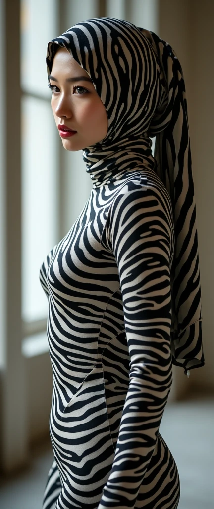 A thin and beautiful asian muslimah muslim woman with beautiful lips wears zebra print lycra turtleneck unitard catsuit.She always wear cotton zebra print hijab.She is my favourite teacher.