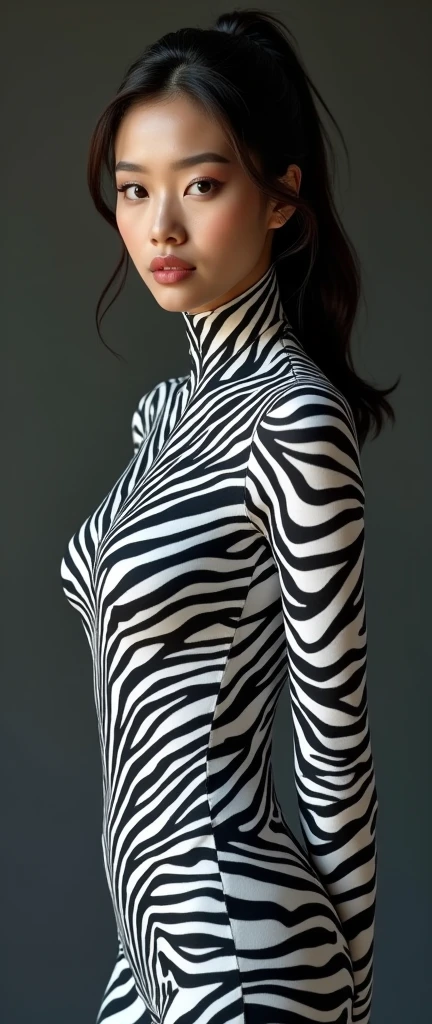 A thin and beautiful asian muslimah muslim woman with beautiful lips wears zebra print lycra turtleneck unitard catsuit.She always wear cotton zebra print hijab.She is my favourite teacher.
