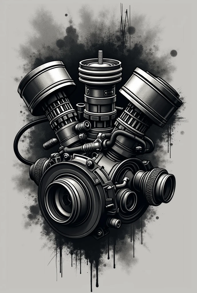 Black and grey tattoo design related to automotive mechanics, including pistons, spark plugs, motor, etc 