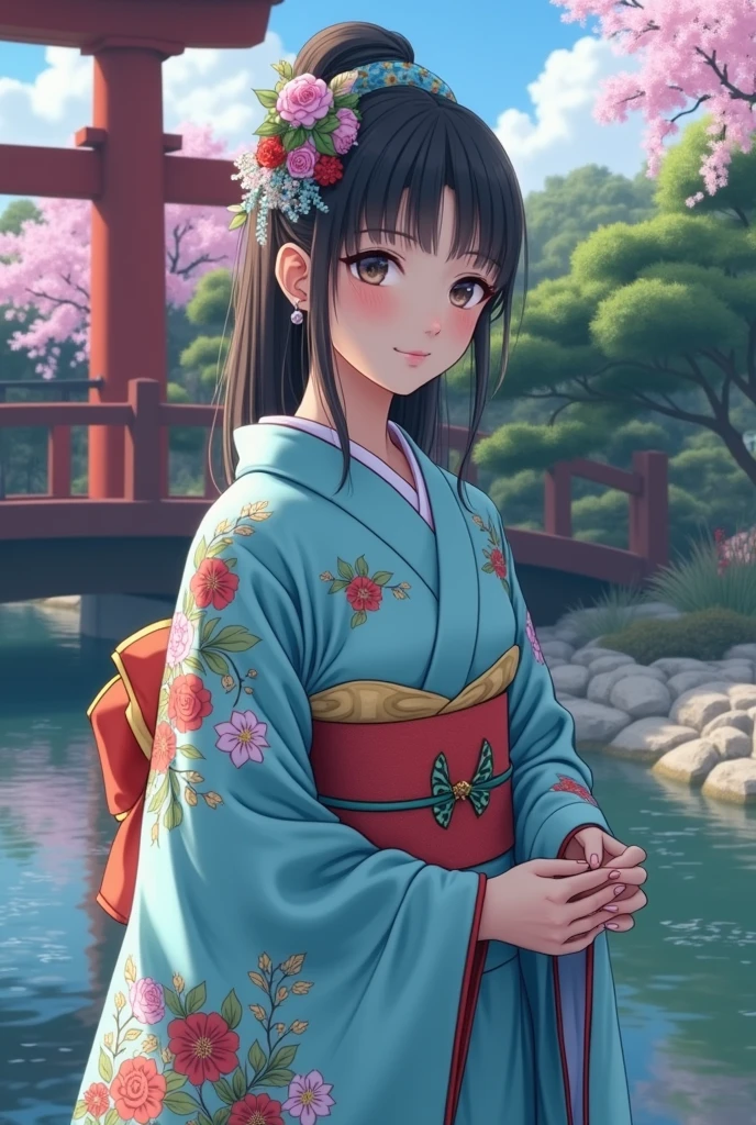 (masterpiece、Highest quality、8k、High resolution)、Traditional Japanese beauty in kimono、(The best girl in anime)、Floral pattern on white background、Vibrant colors、Japanese garden、There is a pond、Colorful flowers、Vibrant colors、Cherry Blossom、There is a drum bridge、A complete portrayal、Detailed anime art、