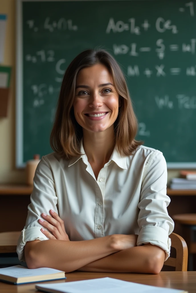 Create a 44 year old math teacher with straight hair parted in the middle