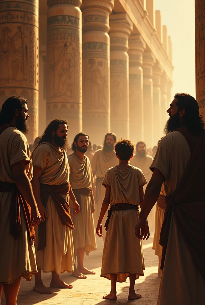 Make 10 Hebrew men and a young Hebrew boy wearing dirty clothes all of them with surprised face by seeing an Egyptian pharaoh, make it inside a palace, make it like a movie poster