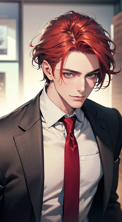 (Highest quality,4K,8K,High resolution,masterpiece:1.2),Super detailed,(Realistic,photoRealistic,photo-Realistic:1.37),1 personld, Men,Beautiful skin、very handsome,Expressionless smile in love,Short gray red hair,green eyes,Sharp Eyes,A perfect face without a doubt,Businessman,Office Background,Cinema Lighting,HDR image,tie、