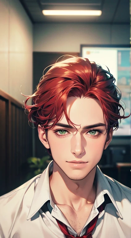 (Highest quality,4K,8K,High resolution,masterpiece:1.2),Super detailed,(Realistic,photoRealistic,photo-Realistic:1.37),1 personld,Mature Men,Beautiful skin、very handsome,Expressionless smile in love,Short gray red hair,green eyes,Sharp Eyes,A perfect face without a doubt,Businessman,Office Background,Cinema Lighting,HDR image,tie、