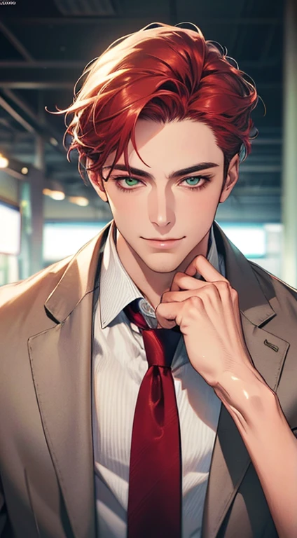(Highest quality,4K,8K,High resolution,masterpiece:1.2),Super detailed,(Realistic,photoRealistic,photo-Realistic:1.37),1 personld,Mature Men,Beautiful skin、very handsome,Expressionless smile in love,Short gray red hair,green eyes,Sharp Eyes,A perfect face without a doubt,Businessman,Office Background,Cinema Lighting,HDR image,tie、