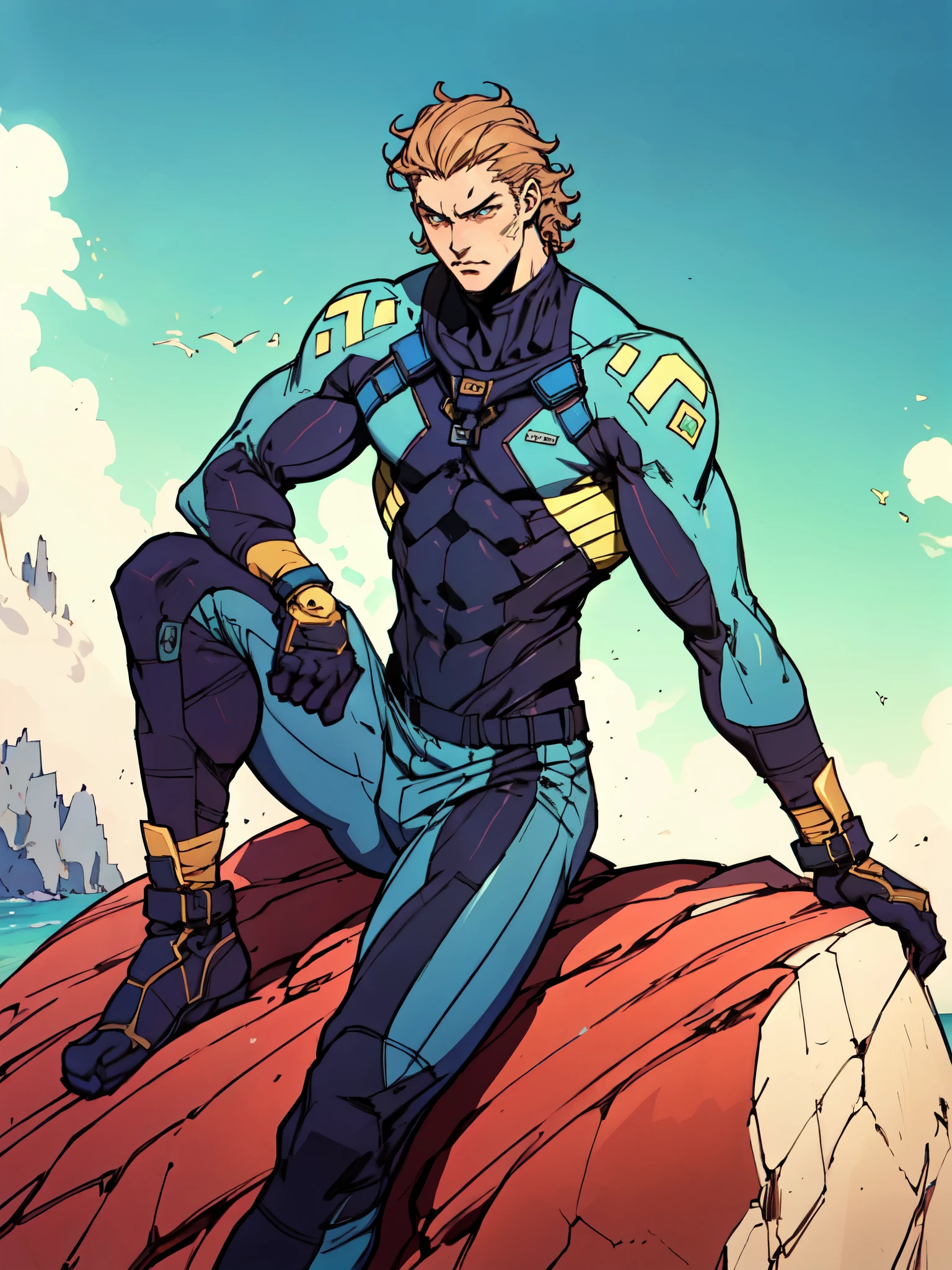 (masterpiece:1.2, best quality:1.2, extremely delicate:1.2), ((male:1.5)), a mature man with short, slightly curly brown hair, a well-defined face, intense eyes, a thoughtful expression, brown skin, tall and athletic build, a futuristic fantasy-style blue and black short-sleeved tight-fitting wetsuit, matching trousers, wrist guards, he sits leisurely on a seaside rock, this character embodies a finely crafted futuristic fantasy-style swimmer in anime style, exquisite and mature manga art style, dramatic, high definition, highres, ultra-detailed, ultra-fine painting, professional, perfect body proportions, golden ratio, anatomically correct, symmetrical face, extremely detailed eyes and face, high quality eyes, creativity, RAW photo, UHD, 32k, Natural light, cinematic lighting, (masterpiece-anatomy-perfect:1.2)