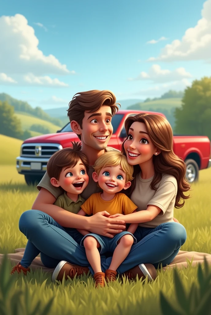 A happy family consisting of a brown-haired father, a mother with long brown hair, with his couple of children: a blonde and a , in a beautiful place with his red Dodge RAM