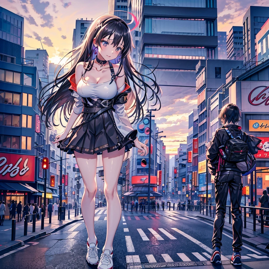 Composition viewed from below　　((evening))　 ((sunset))　((sunset))　cumulonimbus　　masterpiece　　Anime Style　Delicate painting　4K　90's　giant　plural　crowd　 ((Black Hair))　　Metropolis　　　crowd　Crowd of people　((A giant Shibuya Rin standing in the valley of a skyscraper district))　Metropolis　Tokyo Akihabara Electric Town　Big Breasts　　Sweating profusely　Splash　sneakers　White socks　watch　Black Hair　　smile　　female giant giant girl Whole body 　 Crowd Unreal Engine,cleavage ,a drawing of a , earrings, long hair,Cute picture　Beauty　Analog style　whole body　sneakers
