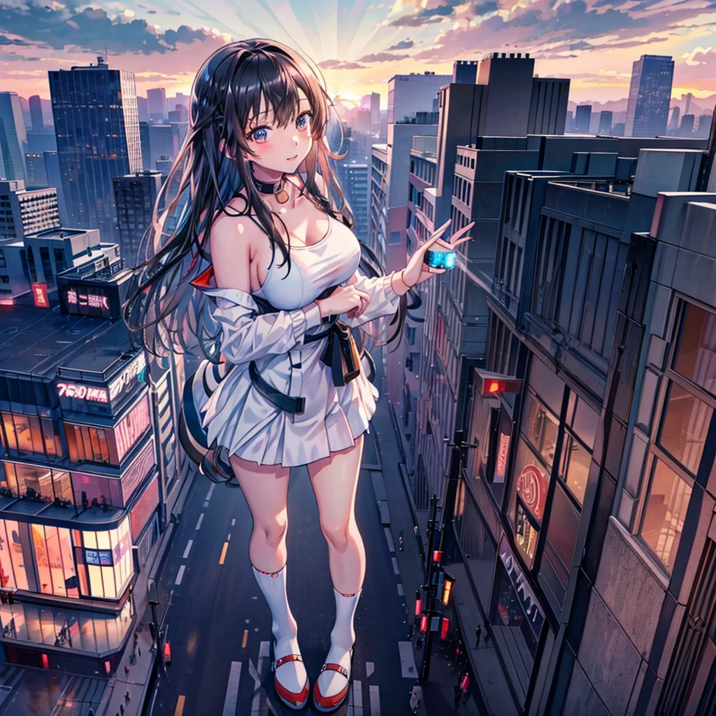 Composition viewed from below　　((evening))　 ((sunset))　((sunset))　cumulonimbus　　masterpiece　　Anime Style　Delicate painting　4K　90's　giant　plural　crowd　 ((Black Hair))　　Metropolis　　　crowd　Crowd of people　((A giant Shibuya Rin standing in the valley of a skyscraper district))　Metropolis　Tokyo Akihabara Electric Town　Big Breasts　　Sweating profusely　Splash　sneakers　White socks　watch　Black Hair　　smile　　female giant giant girl Whole body 　 Crowd Unreal Engine,cleavage ,a drawing of a , earrings, long hair,Cute picture　Beauty　Analog style　whole body　sneakers
