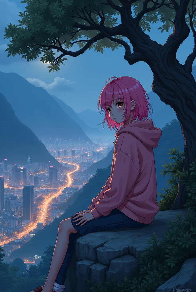 pink hair, medium length hair, brown eyes, girl, Warm pink hoodie, 1, night city, Asia, Out of town, sitting on a rock, On the mountain,Japan with lots of old trees