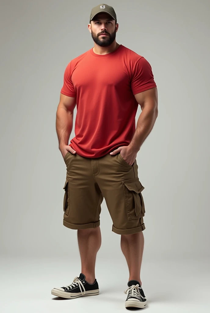 Muscular man wearing a shirt with long shorts Long loose shorts With pockets on the sides with converse sneakers red T-shirt and brown shorts Long short, Normal musculature With beard and baseball cap Realistic musculature 