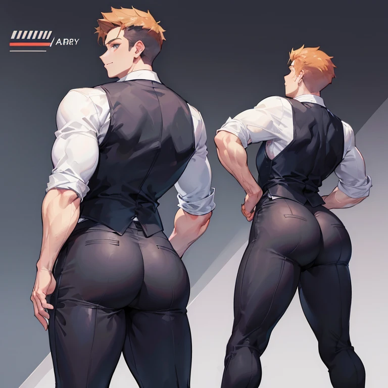 One Man, muscular, jocks, athletic, ginger, wearing suit vest clothes, big butt, huge ass, comically massive ass, bubblebutt, thick, thicc, thick ass, thick legs, thick thighs, huge butt cheeks, ass huge, showing butt to camera, smiling, looking back at camera, big booty, man booty, men with huge butts, men in suit vest clothes, showing off ass, absolutely massive butt, enormous ass cheeks in suit vest pants, full ass, wide ass, round ass, tight suit vest pants, abnormally huge butt, unrealistically massive ass, Giant butt cheeks, giant butt, giant ass, dark dress pants, button down shirt, men, bodyguard, suit vest black, gay, fight some thiefs, suit vest black, night, naked, alone, shift night, man or boy, no girls