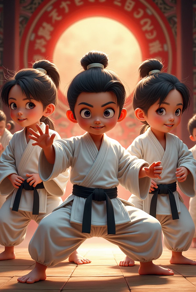 a simple cartoon style illustration of martial artists bowing in a japanese dojo, detailed facial features, detailed clothing, intricate dojo background, dynamic composition, vibrant colors, soft lighting, masterpiece, 4k, photorealistic