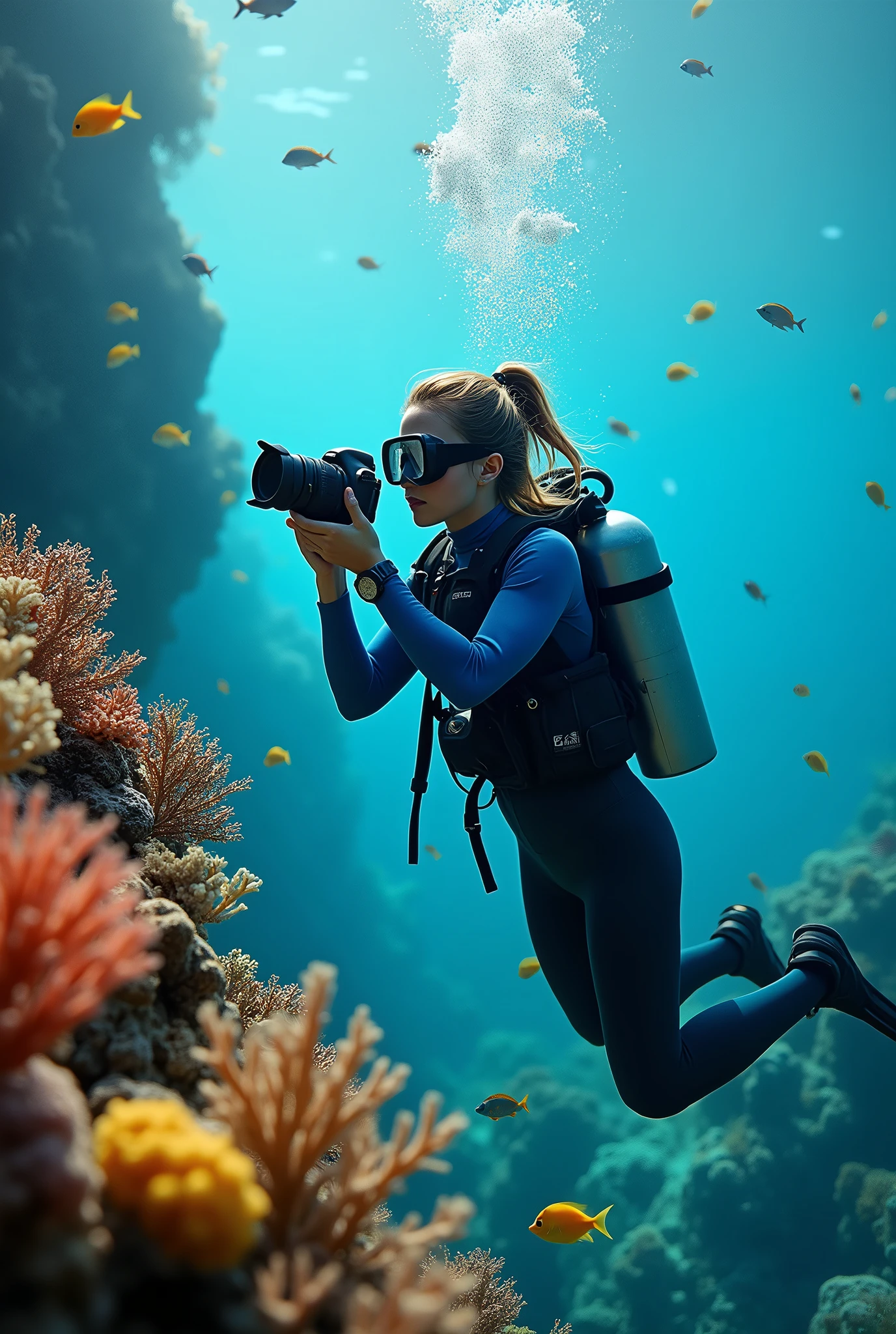 ((Best Quality)), ((masterpiece)), (detailed), 1 girl, diving underwater dressed in a wetsuit, mask, air bottle, breathing through the regulator placed in his mouth, freediving vest and fins, underwater wristwatch, an underwater photography camera with which he takes photos of a fish, in a tropical background full of corals