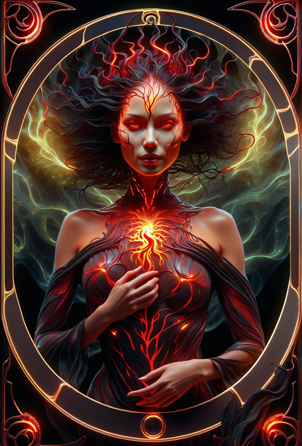 a close up of a person with a glowing face and body, glowing red veins, fractal veins. cyborg, red glowing veins, glowing veins, bright glowing veins, human glowing, tomasz alen kopera and cgsociety, melted cyborg, inspired by Mike Winkelmann, woman made of black flames, digital art 4k unsettling, detailed glowing head