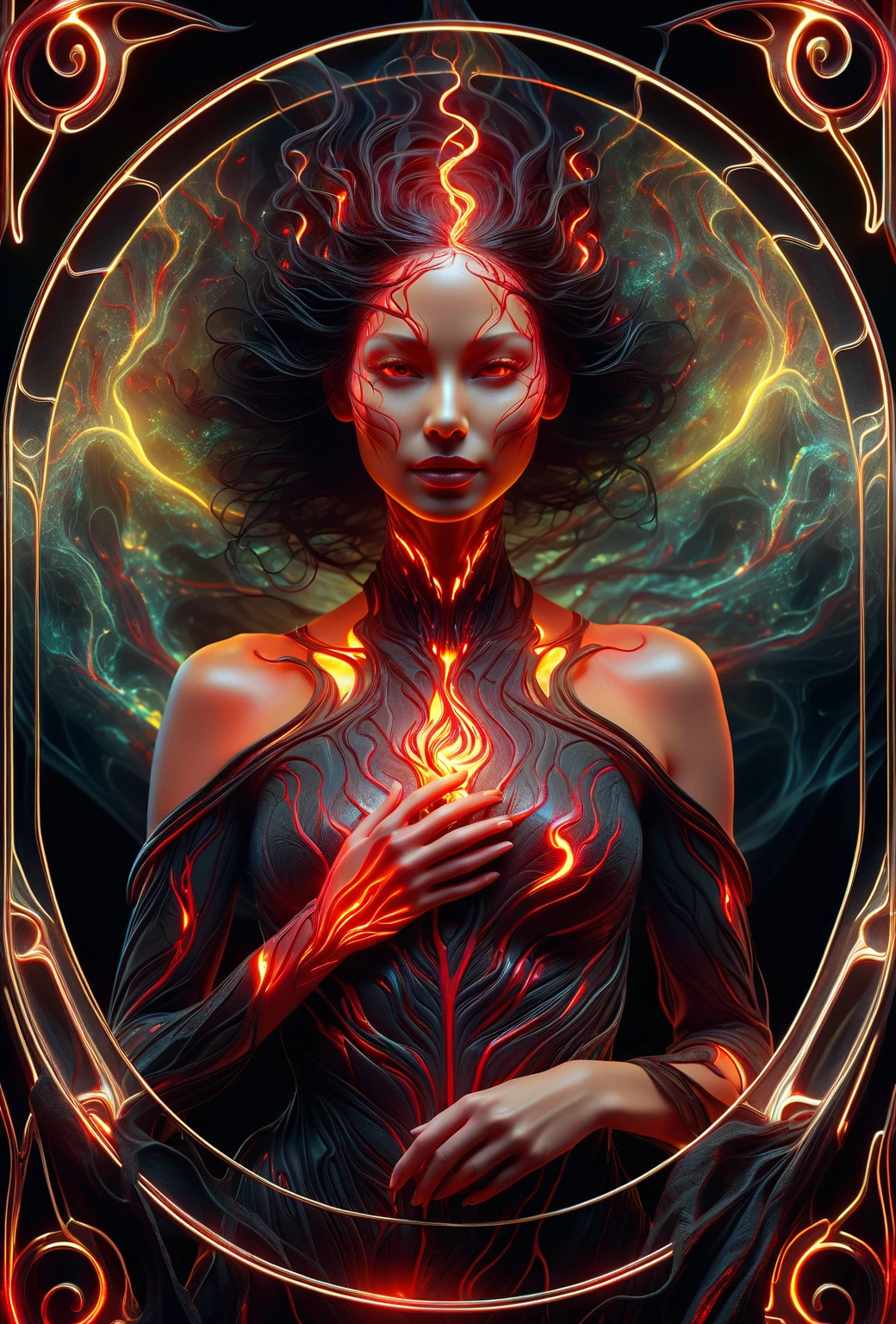 a close up of a person with a glowing face and body, glowing red veins, fractal veins. cyborg, red glowing veins, glowing veins, bright glowing veins, human glowing, tomasz alen kopera and cgsociety, melted cyborg, inspired by Mike Winkelmann, woman made of black flames, digital art 4k unsettling, detailed glowing head