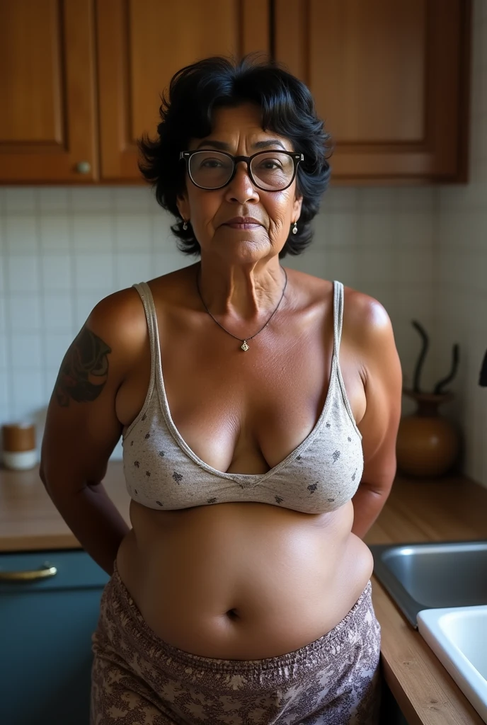 Generate full body frontal image of a dark skinned lady, standing, new, FRANZINA, aged 60, like face and body with signs of age, wearing prescription glasses with large, square frames, short black wavy hair, está com os volumosos seios flácidos e a vagina depilada totalmente new e está standing apoiada na bancada da pia da cozinha.