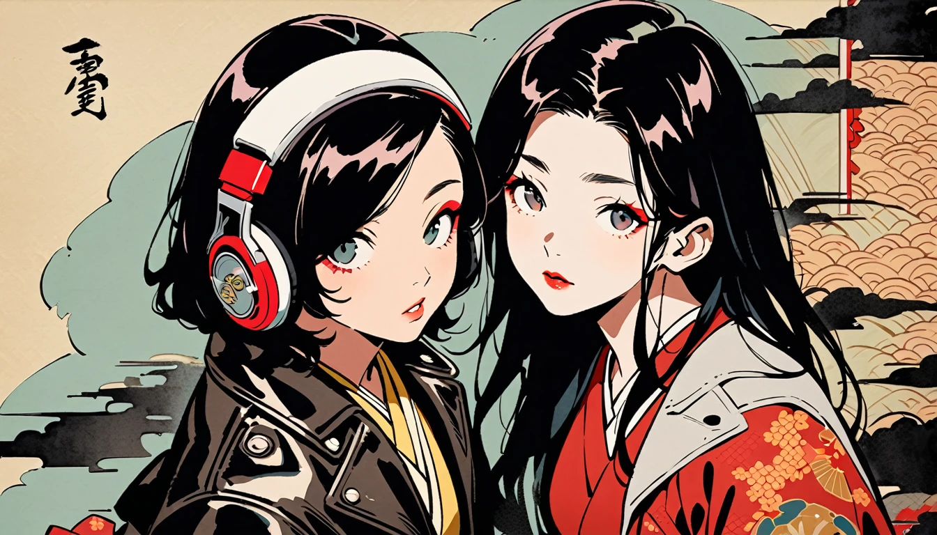 (((Ink Painting))), (((from above))), (((3 women))), (((Leather jacket with Japanese patterns))), (((heavyMetal))), (((Very flashy makeup))), Japanese style headphones, face close-up, front view, Japan人の美少女, Black Hair, Delicate and precise, Modern ukiyo-e style,Japan, Droopy eyes, round face, Glare, Fuller lips, vivid color
