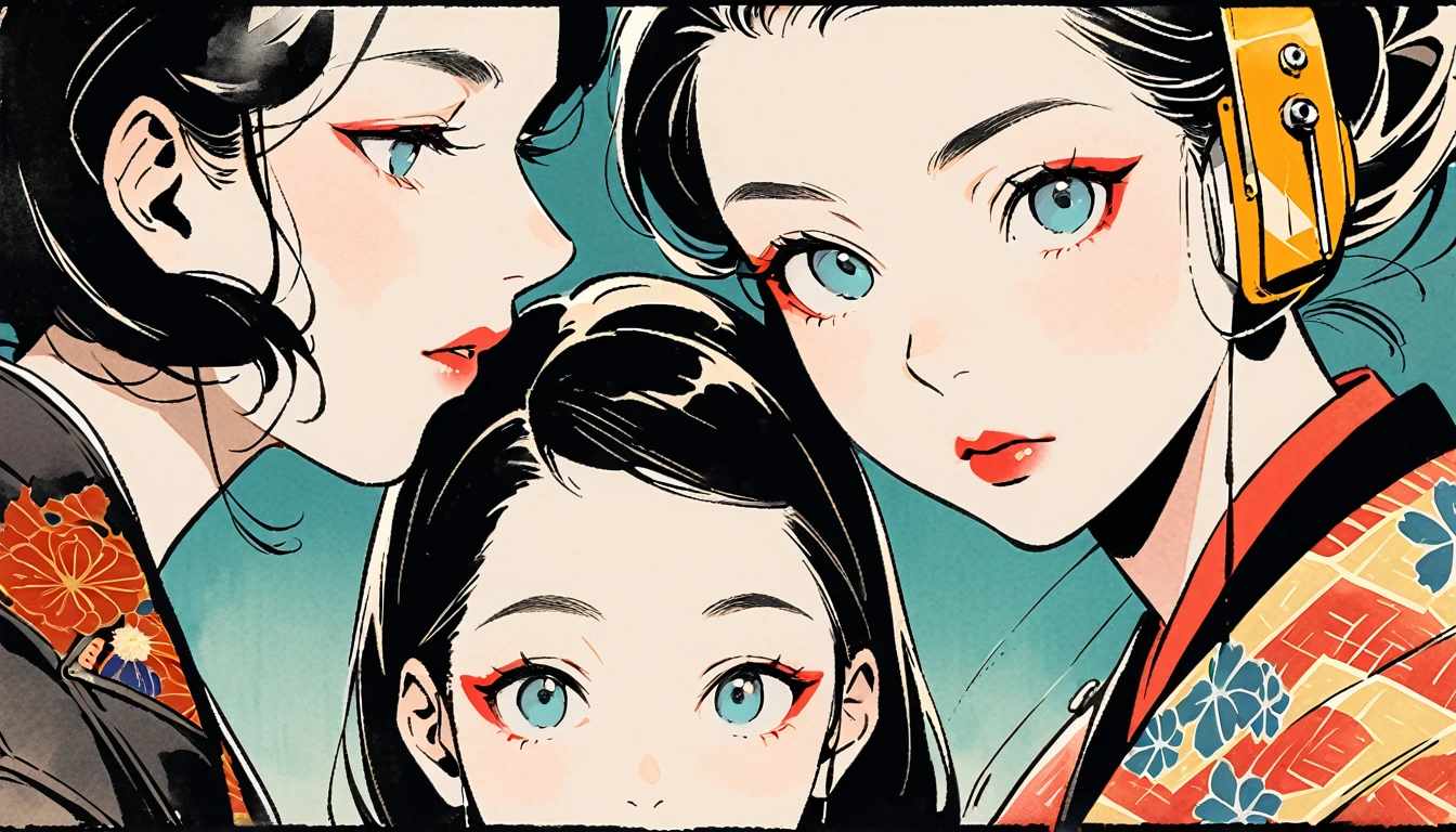 (((Ink Painting))), (((from above))), (((3 women))), (((Leather jacket with Japanese patterns))), (((heavyMetal))), (((Very flashy makeup))), Japanese style headphones, face close-up, front view, Japan人の美少女, Black Hair, Delicate and precise, Modern ukiyo-e style,Japan, Droopy eyes, round face, Glare, Fuller lips, vivid color