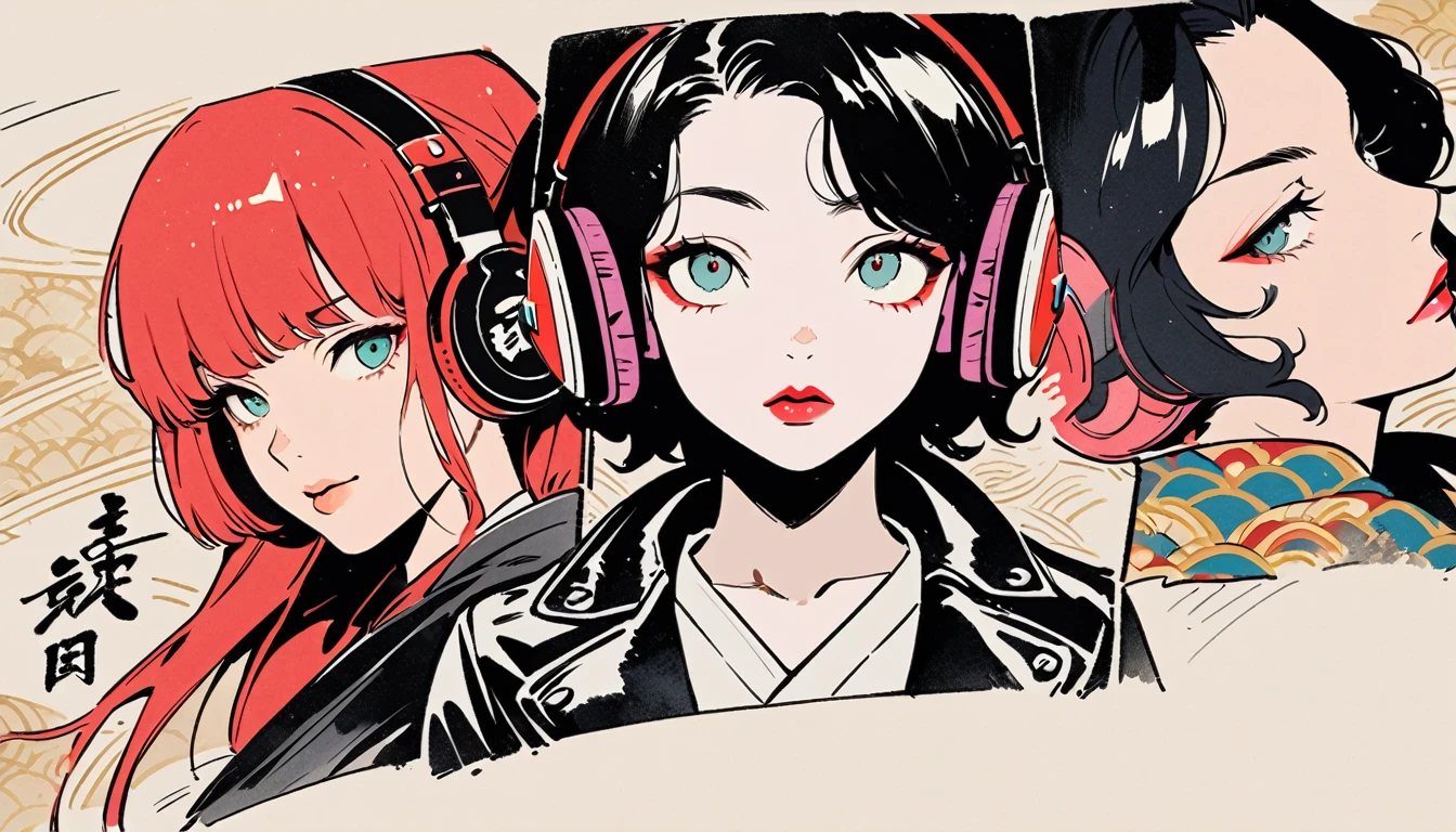 (((Ink Painting))), (((from above))), (((3 women))), (((Leather jacket with Japanese patterns))), (((heavyMetal))), (((Very flashy makeup))), Japanese style headphones, face close-up, front view, Japan人の美少女, Black Hair, Delicate and precise, Modern ukiyo-e style,Japan, Droopy eyes, round face, Glare, Fuller lips, vivid color