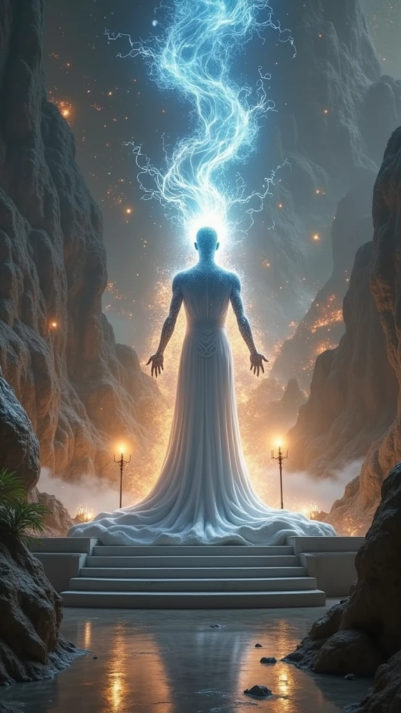 spirit, a non-physical element, similar to a plasmatic energy radiating bright blue orange and white colors like strong light, spirit taking human form, in a divine celestial kingdom sacred God sky, sitting on the throne in the beautiful sky showing a holy city like crystal from above,
