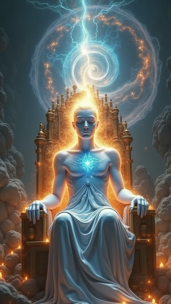 spirit, a non-physical element, similar to a plasmatic energy radiating bright blue orange and white colors like strong light, spirit taking human form, in a divine celestial kingdom sacred God sky, sitting on the throne in the beautiful sky showing a holy city like crystal from above,