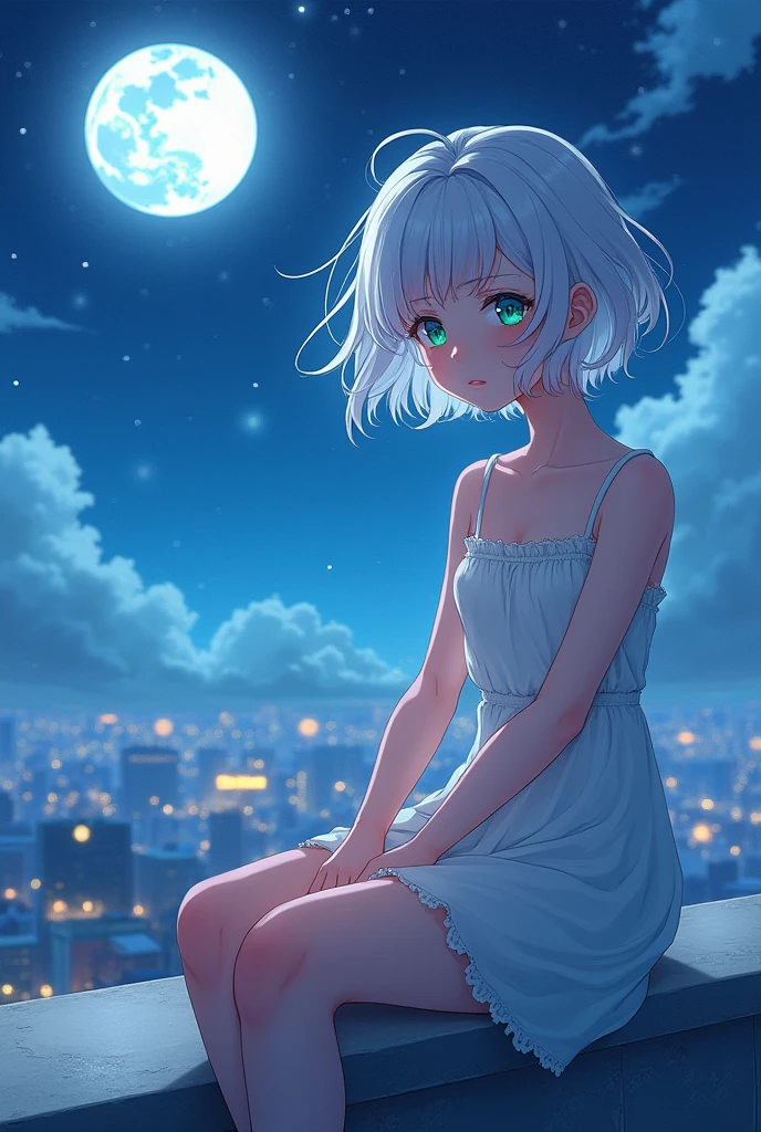 anime style, young adult woman, with one blue eye and one green eye, short white hair.
Sitting on a roof at night.
The most beautiful thing in the world.