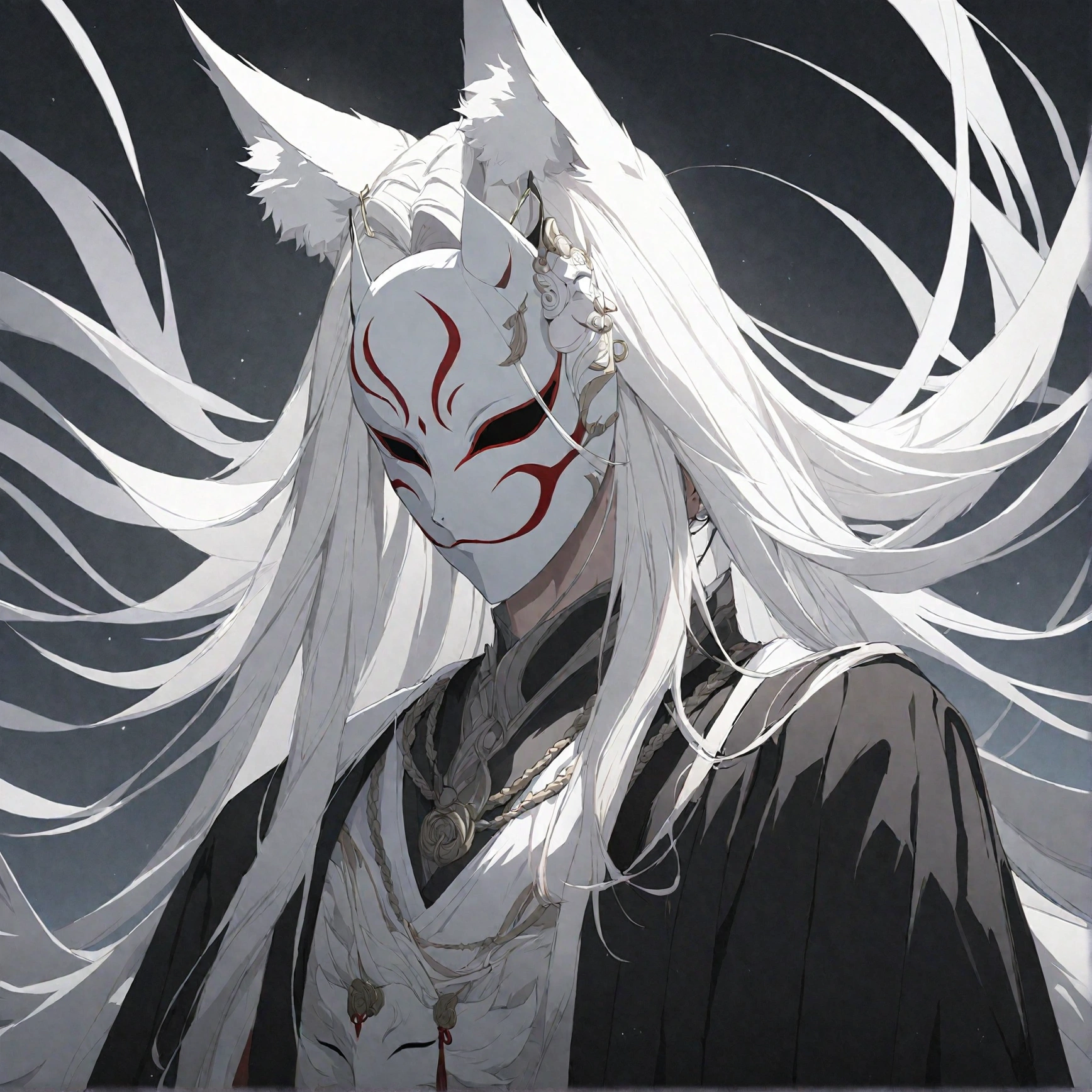 anime character with white hair and a white mask, white fox anime, with kitsune mask, onmyoji portrait, onmyoji detailed art, onmyoji, vampire white fox, kitsune mask on head, white haired deity, kitsune mask, white - haired fox, beautiful male god of death, kitsune, wearing a kitsune mask, amaterasu
