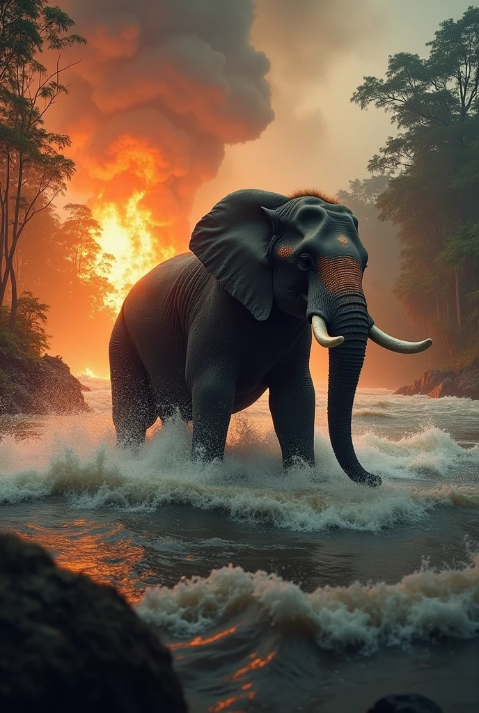 Borneo elephant fall under the water in the background show the natural disaster such as flood and forest burning