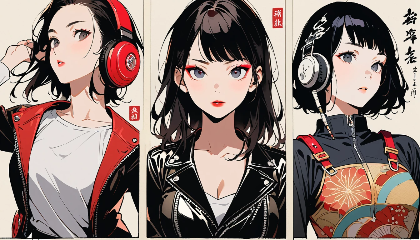 (((Ink Painting))), (((from above))), (((3 women))), (((Leather jacket with Japanese patterns))), (((heavyMetal))), (((Very flashy makeup))), Japanese style headphones, face close-up, front view, Japan人の美少女, Black Hair, Delicate and precise, Modern ukiyo-e style,Japan, Droopy eyes, round face, Glare, Fuller lips, vivid color