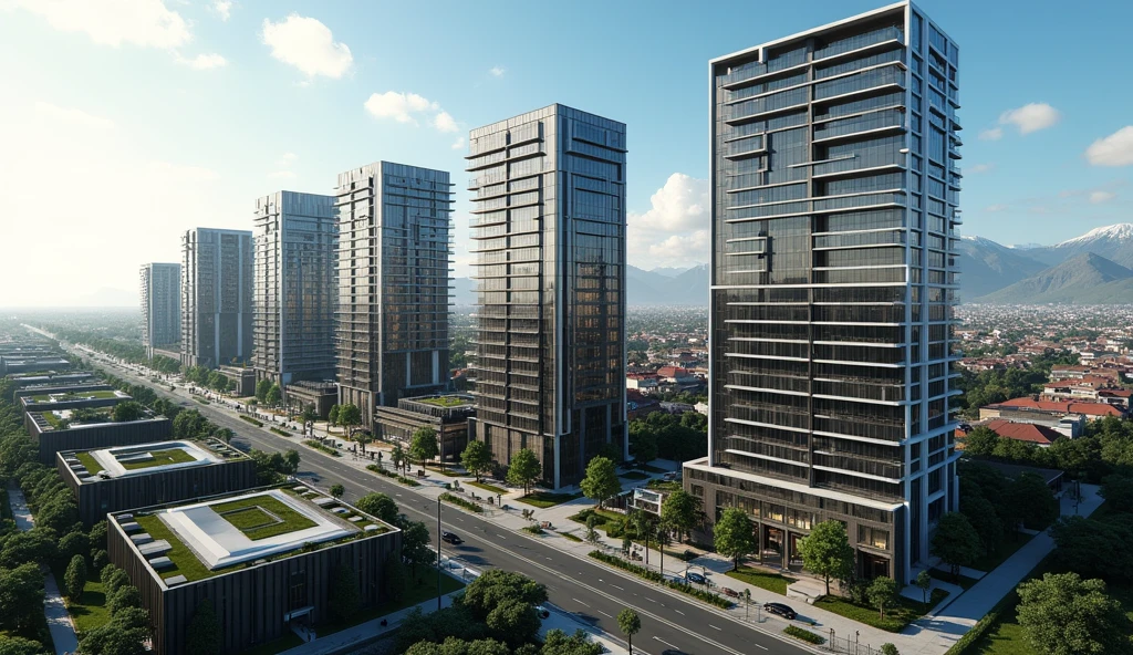 Create a realistic image in the form of a photograph that captures the city of Arequipa with an aerial view. on an important avenue that has on its sides eight residential buildings of modern and elegant design in white, each one with a different design, each with 30 floors and a height of 80 meters. It includes four commercial buildings with reflective mirror facades, each 25 stories and 70 meters high and of different design. Be sure to incorporate trees and vegetation into the environment to give it a natural touch. The perspective must show a panoramic view that highlights the scale and design of these buildings in the urban context of Arequipa.