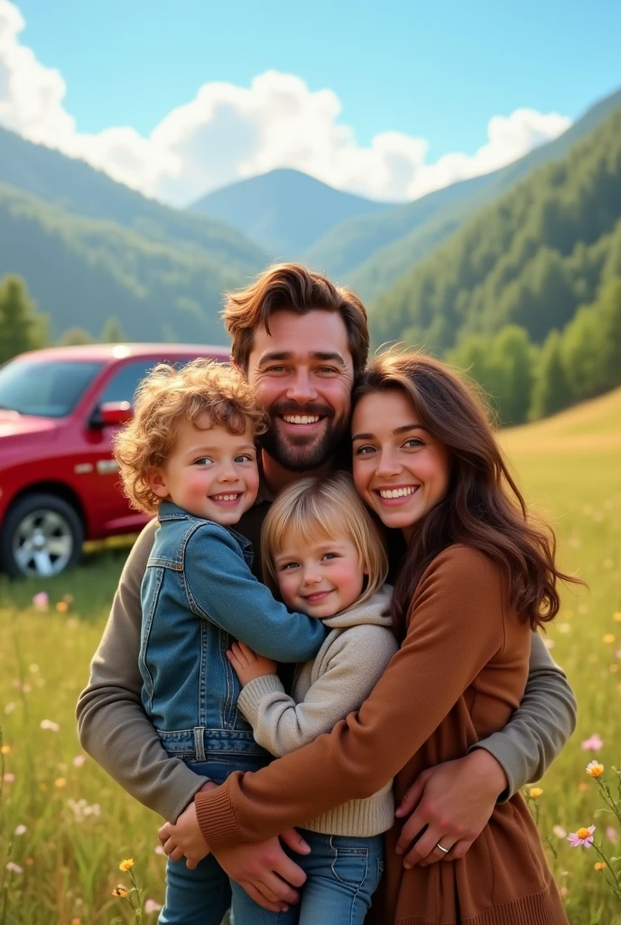 A happy family consisting of a brown-haired father, a mother with long brown hair, with his couple of children: a blonde and a , in a beautiful place with his red Dodge RAM