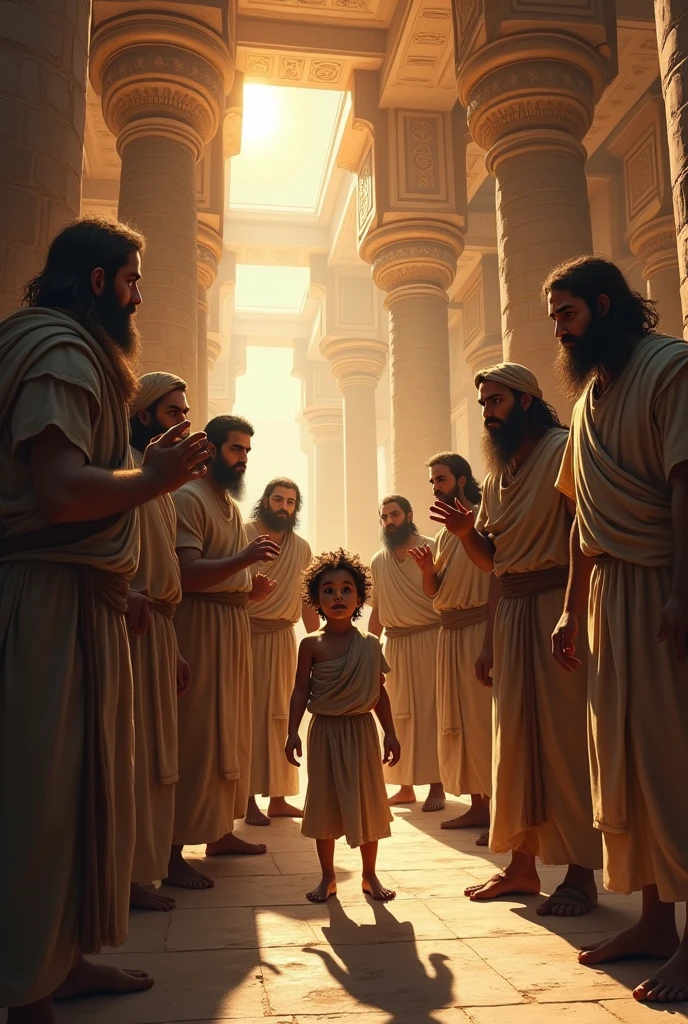Make 10 Hebrew men and a young Hebrew boy wearing dirty clothes all of them with surprised face by seeing an Egyptian pharaoh, make it inside a palace, make it like a movie poster