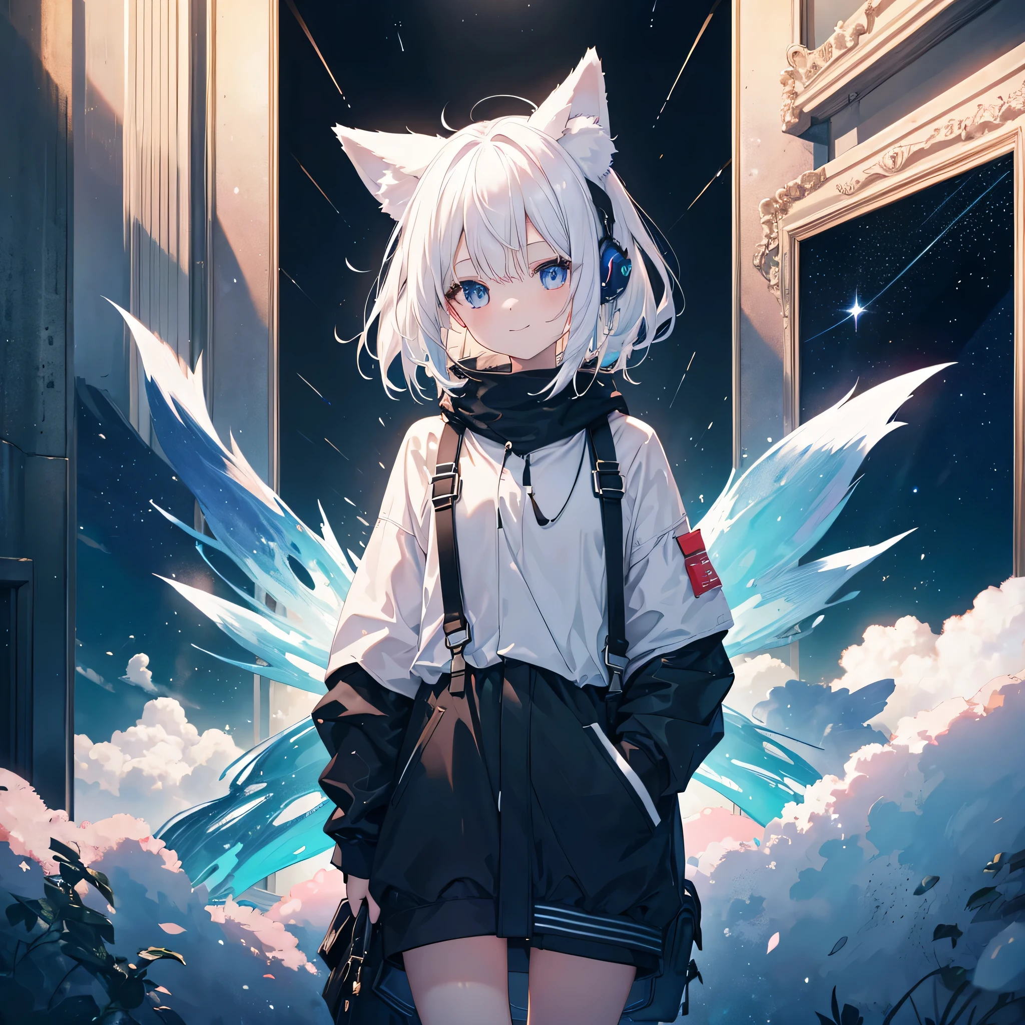A road in space、A white-haired girl with fox ears is standing at the end of the road, beckoning.、smile、A picture frame floating in space、There is no picture in the frame、Picture frame、At the end of the road is a large picture frame、dark、