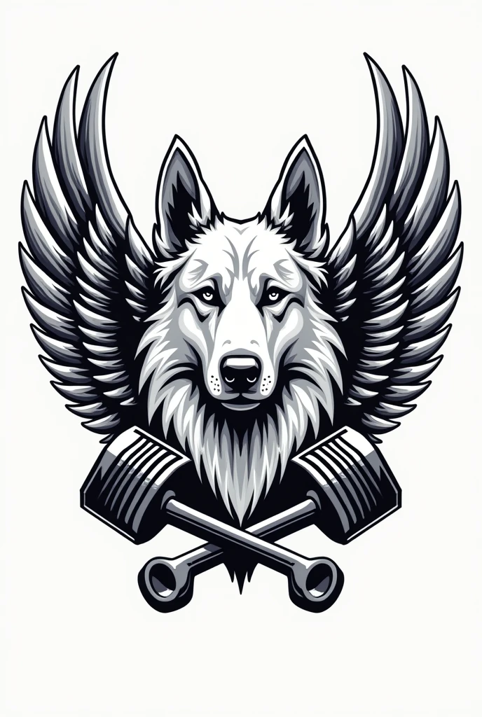 I need a coat of arms for a motorcycle club with a white German Shepherd dog in the middle but only his bust, with wings coming out from behind him, and two crossed pistons coming out of the bottom of the dog's head