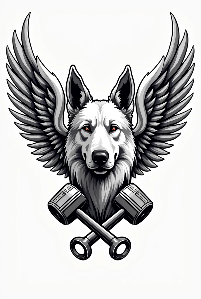 I need a coat of arms for a motorcycle club with a white German Shepherd dog in the middle but only his bust, with wings coming out from behind him, and two crossed pistons coming out of the bottom of the dog&#39;s head