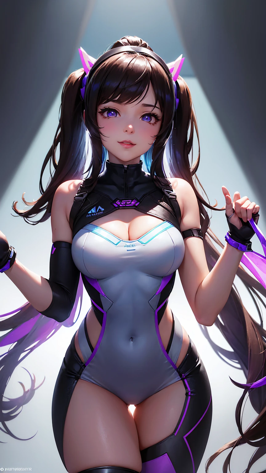 (masterpiece), (best quality), (intricate details), high resolution, visually stunning, sidelighting, deep shadow, nothing but white background, (Dva from overwatch), (wearing a jumpsuit which is predominantly light blue, with a bit of black and purple on the sides), brown hair, heart-shaped pupils, glowing amber eyes, innocent smile, cinematic lighting, sparkle, ray tracing, backlighting, ((super shiny face)), thick thighs with skinny body, winking,