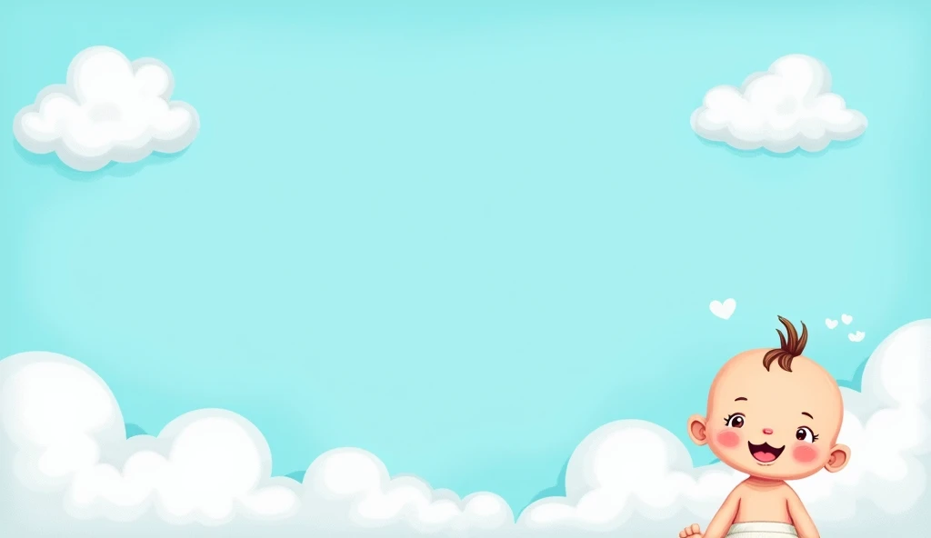 an image for slide, with baby blue background, in the upper left corner a detail of clouds well . In the lower left corner details of clouds with a baby sitting.
somewhat animated not realistic. 2d