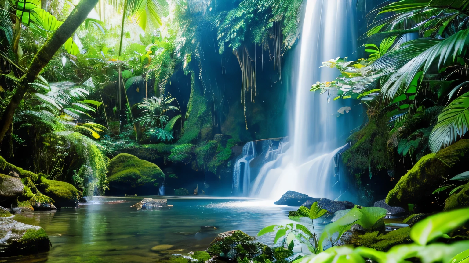 A beautiful hidden waterfall cascades silently in an unexplored corner of the Remote tropical rainforest. Tags: Remote tropical rainforest, Twin Falls, Serene atmosphere, Untouched paradise, lush greenery, Crystal clear water, Hidden Gems, Quiet beauty, A tranquil oasis, Fascinating nature, Pure wilderness, Untouched wonders. moderate: (oil painting), bright brush strokes, Delicate canvas texture, Excellent details, True art. More details: A flock of exotic, colourful birds perch on a branch., The sound of insects echoing in the air, A light mist rising from the waterfall, Bright tropical flowers decorate the landscape., Towering ancient trees surround the waterfall.. Image quality: (best quality, 4K, height), Very detailed, (realistic:1.37), HDR light, สีสันสดใสและrealistic, Meticulous attention to detail. art style: terrain, Nature Painting, realism, Natural wonders, Tropical paradise. Color palette: A harmonious blend of lush greens, Vibrant blues, and bright tropical colors. light: soft, Warm natural light filters through the dense foliage., ทำให้เกิดเงาอันอ่อนโยนบนterrain, Create an immersive and captivating atmosphere.