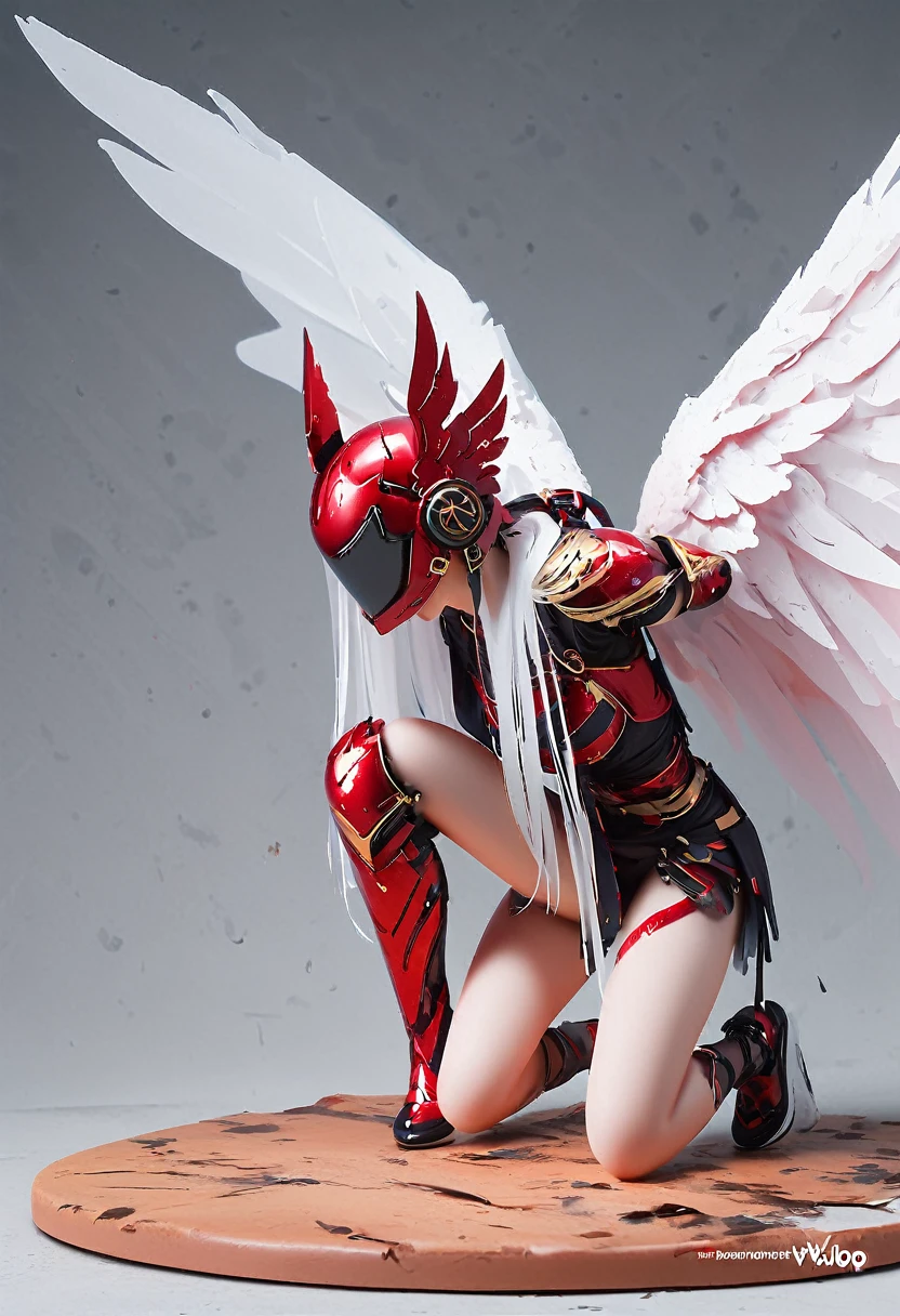 Female Warrior,White hair,Wear a helmet with wings,White Cape,Kneel on one leg,full-body shot,Thick coating style,illustration,wlop,Concept Art