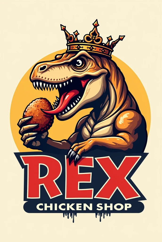 Create me a logo for a chicken shop with the name Rex chicken shop as a representative of this a Rex dinosaur wearing a crown as king of the best chickens while eating a large chicken leg