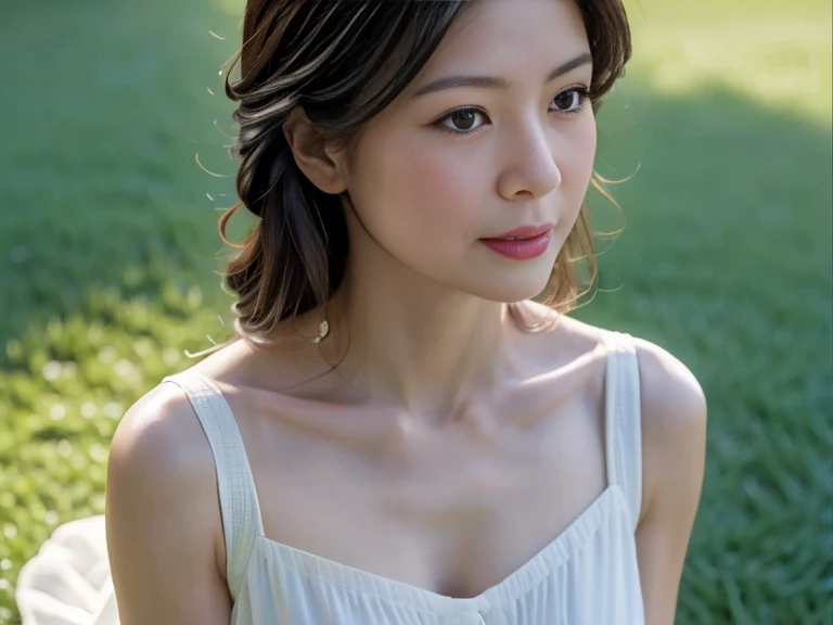 A drone-captured aerial view of a beautiful Japanese woman standing in an open field, looking up towards the sky. The perspective is from directly above, emphasizing the height and distance as the drone hovers high above her. She has a delicate and symmetrical face, with soft features that are clearly visible despite the top-down angle. Her dark, glossy hair is gently tousled by the breeze, and she is wearing a flowing white dress that contrasts elegantly with the lush green grass beneath her. Her serene and curious expression is captured perfectly, as her large, expressive eyes gaze upwards. The sunlight casts soft, natural shadows, enhancing the depth and realism of the scene, while the woman's beauty and grace are evident from this unique aerial perspective.
