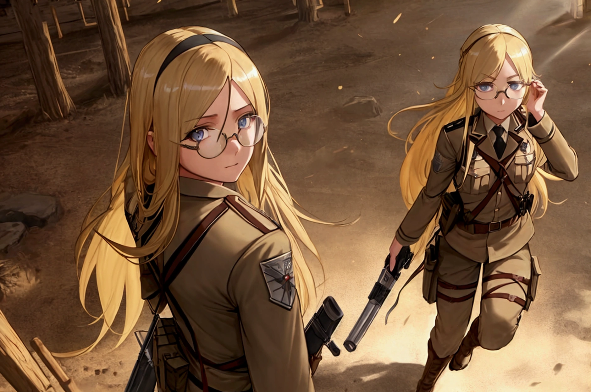 A blonde girl with long hair and round glasses, wearing the Scout Regiment uniform from Attack on Titan, full body view, facing forward, detailed facial features, intricate uniform texture, dynamic pose, cinematic lighting, highly detailed, photorealistic, 8k, hyper detailed, masterpiece