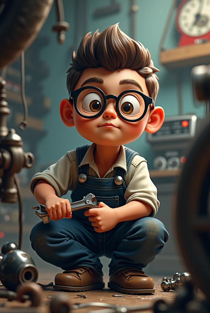 Short person who works as a mechanic and wears glasses
