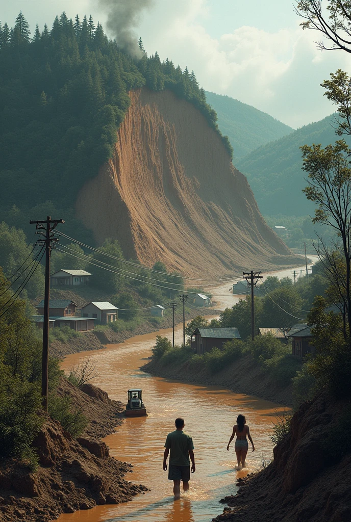 Picture a town located at the foot of a hill that has been eroded by deforestation. At the top, the hill shows a landslide that destroyed the houses below it. Around the hill, put an image of a bulldozer cutting down trees, trees that have been cut down, and barren land. At the bottom, add the image of muddy water flowing from the hills to the city, cause flooding. The image of helpless humans in the face of this disaster can be shown in a state of panic or trying to save themselves and their property.