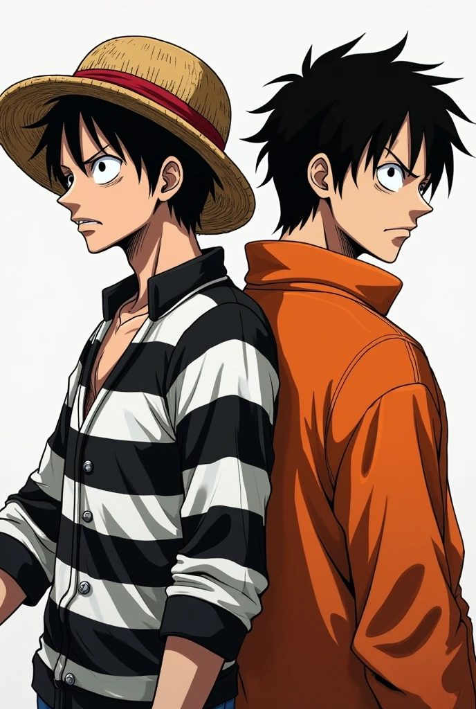 Monkey D. Luffy in a black and white striped long-sleeved prison uniform and Monkey D. .... Luffy in orange long sleeve prison uniform Original anime One Piece