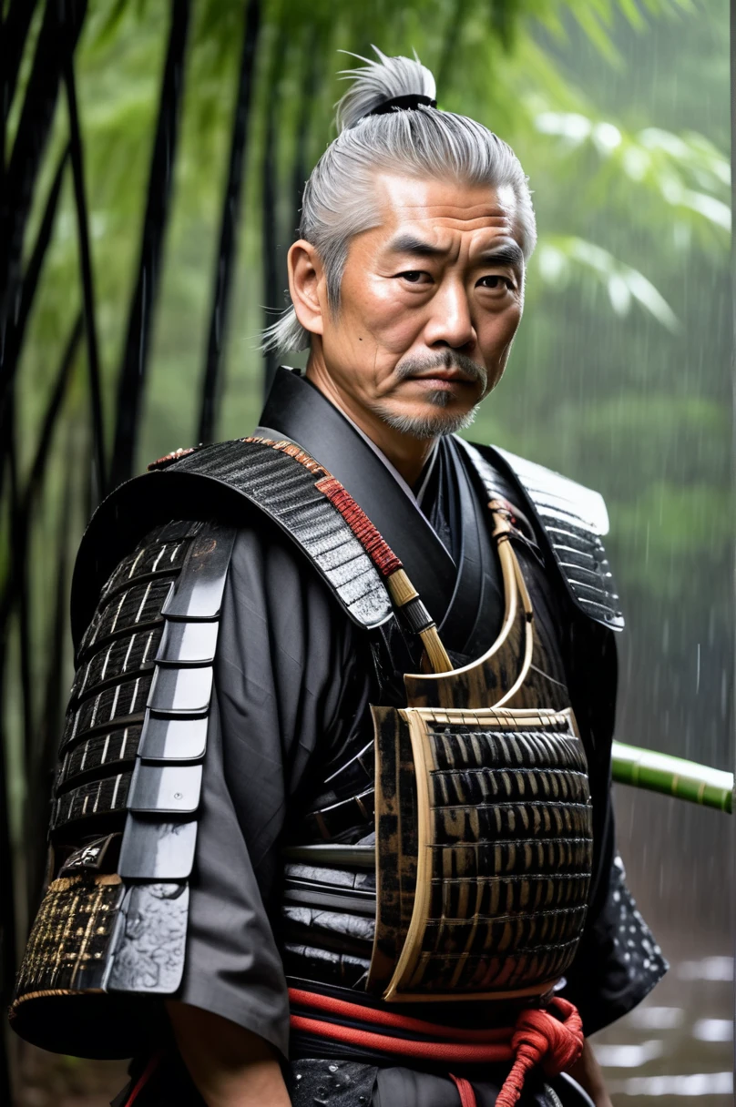 professional portrait photo, gray-haired and battered samurai warrior, proud and defiant, rain running down his face and traditional samurai armor, Meia-noite, moonlights, bamboo forest, details Intricate